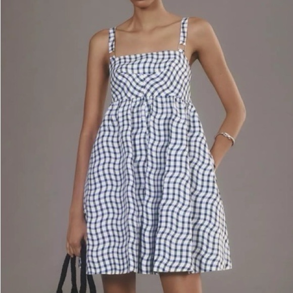 NWOT Anthropologie Maeve Gingham Romper Size Large Flowy Wide Blue Black  White